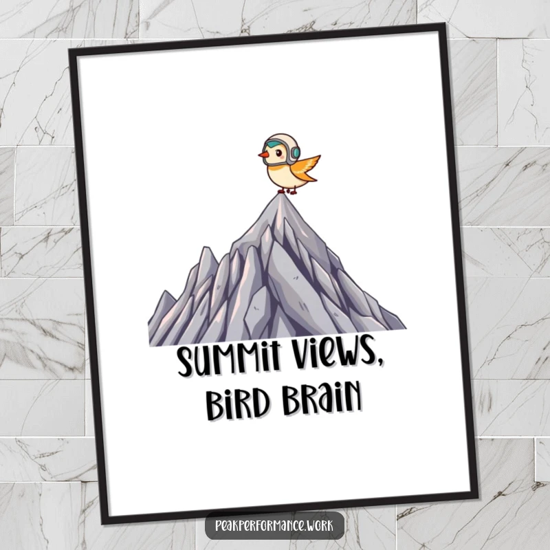 Funny Free Printable Wall Art: Tiny bird in a miniature helmet soaring triumphantly above a jagged summit.