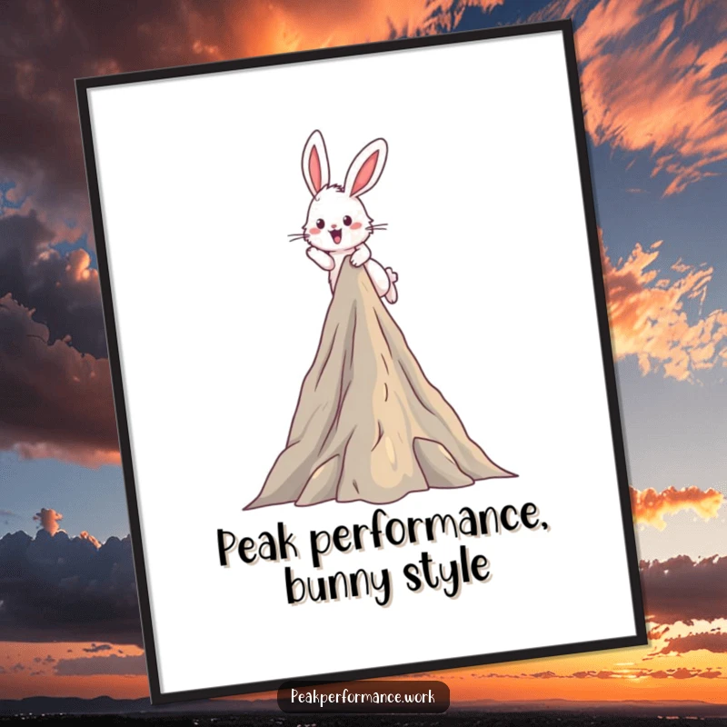 Funny Free Printable Wall Art: A fluffy bunny excitedly hops over a tall stylized mountain peak.