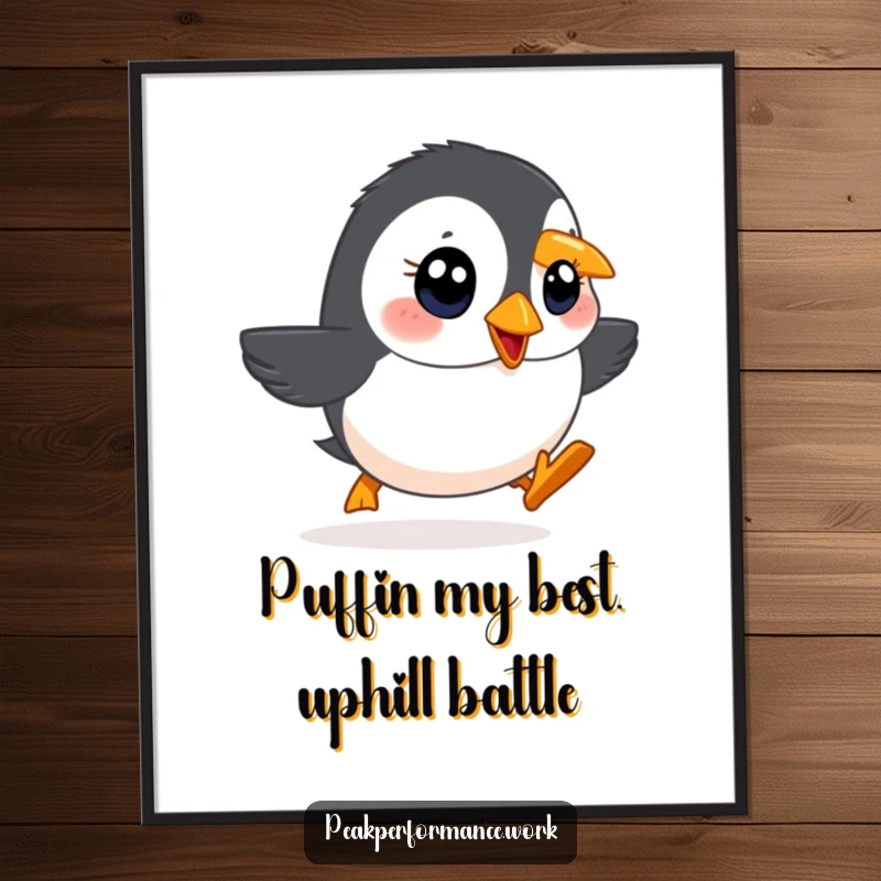 Funny Free Printable Wall Art: Determined cartoon puffin waddling rapidly uphill with bright eyes, adding a dose of quirky motivation.