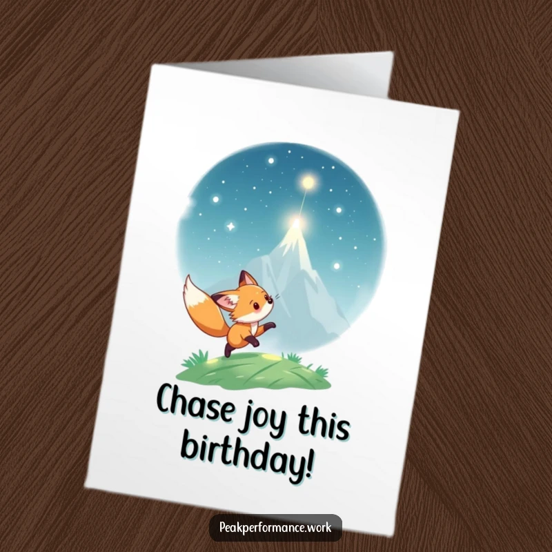 Funny Free Printable Birthday Card: Playful fox cub excitedly chases a shimmering light particle towards a peak.