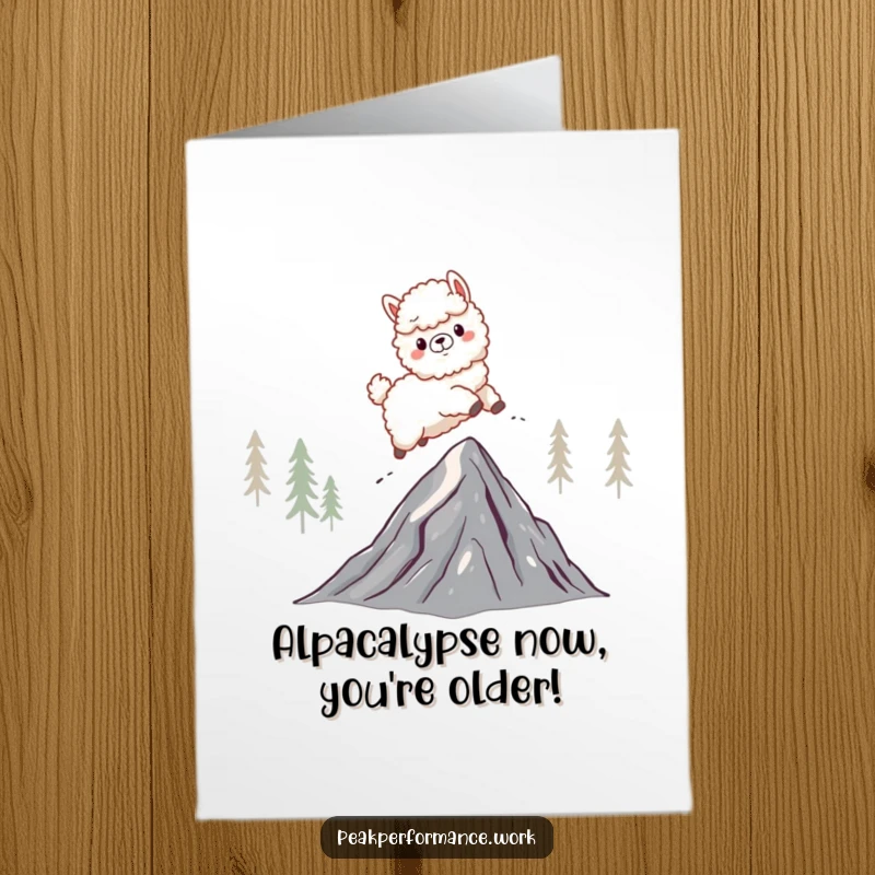 Funny Free Printable Birthday Card: Fluffy cartoon alpaca in mid-air, energetically leaping over a sharp, jagged mountain peak with joy.
