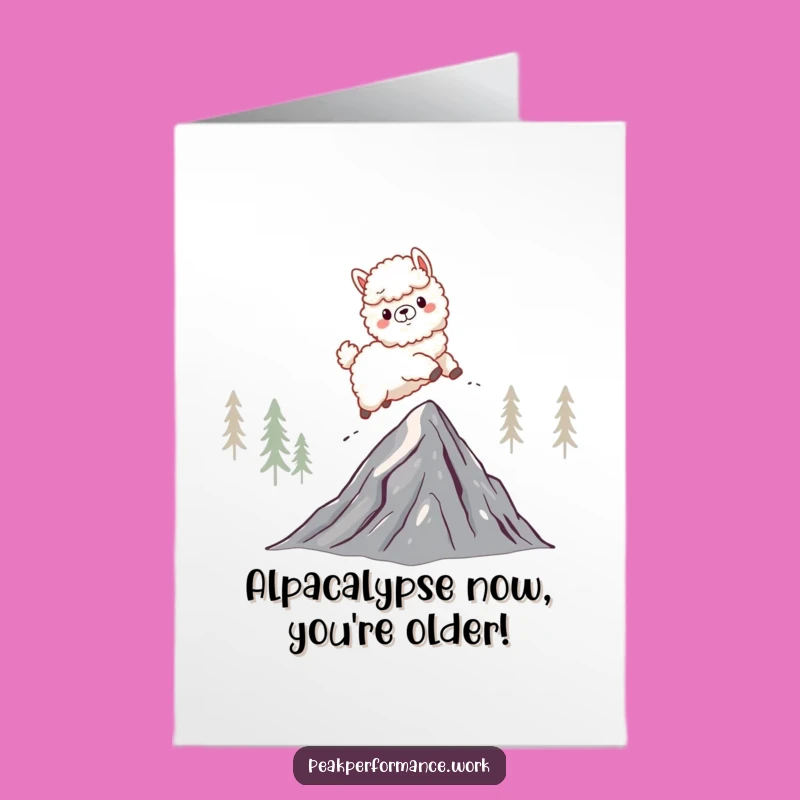 Free Printable Birthday Card: Energetic Alpaca Leaping Mountains, Hilarious Downloadable Fun
