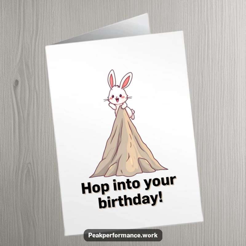 Funny Free Printable Birthday Card: A fluffy bunny joyfully leaps over a tall stylized mountain peak.