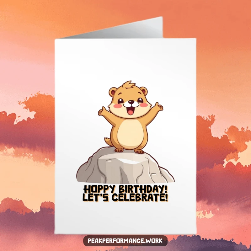 Funny Free Printable Birthday Card: Cheerful cartoon marmot joyfully hopping on a mountain ledge, celebrating a special day.
