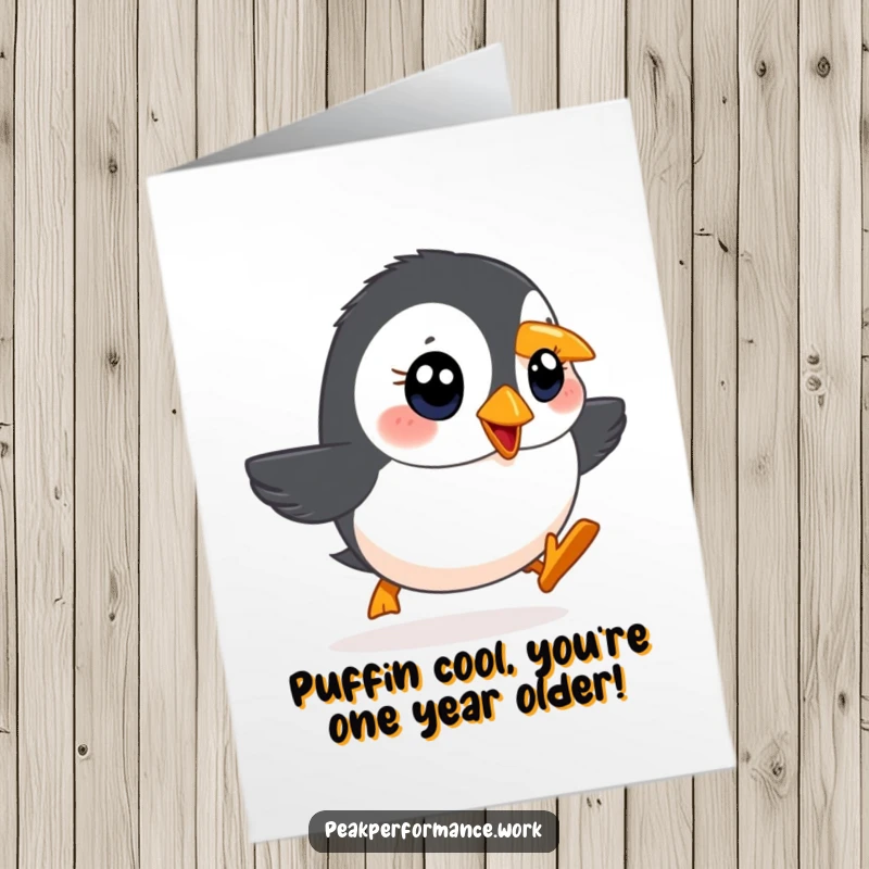 Funny Free Printable Birthday Card: Determined cartoon puffin with bright eyes waddling rapidly up a steep hill, full of focus.