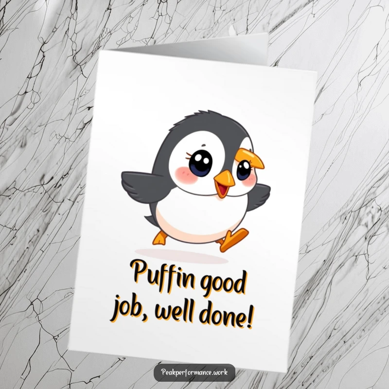 Funny Free Printable Congrats Card: Bright-eyed cartoon puffin waddling determinedly uphill, symbolizing progress and effort in celebration.