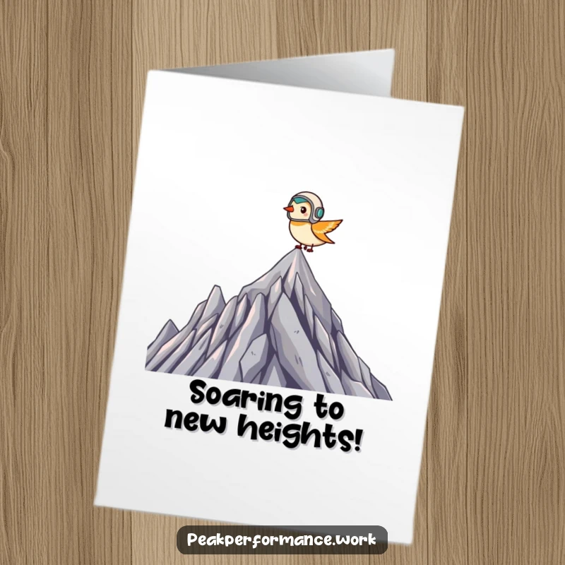 Funny Free Printable Congratulations Card: Tiny bird with helmet flies heroically above a jagged mountain peak.