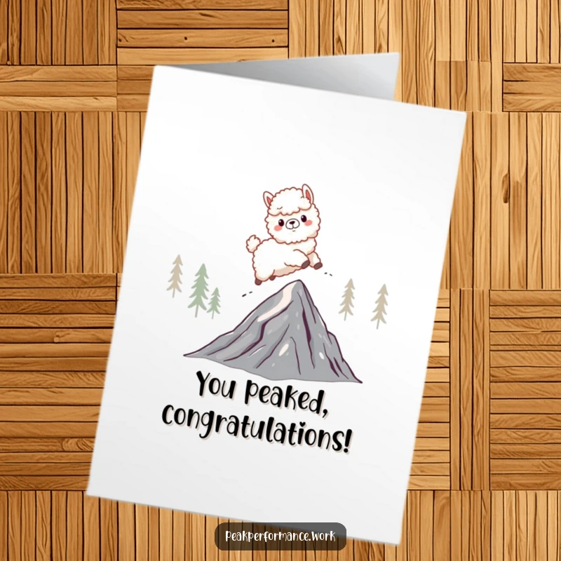 Funny Free Printable Congrats Card: Energetic cartoon alpaca soaring over a jagged mountain peak, symbolizing overcoming challenges with flair.
