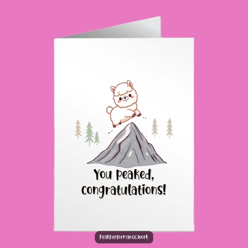 Free Printable Congrats Card: Dynamic Alpaca Mountain Leap, Celebrate Achievements Hilariously