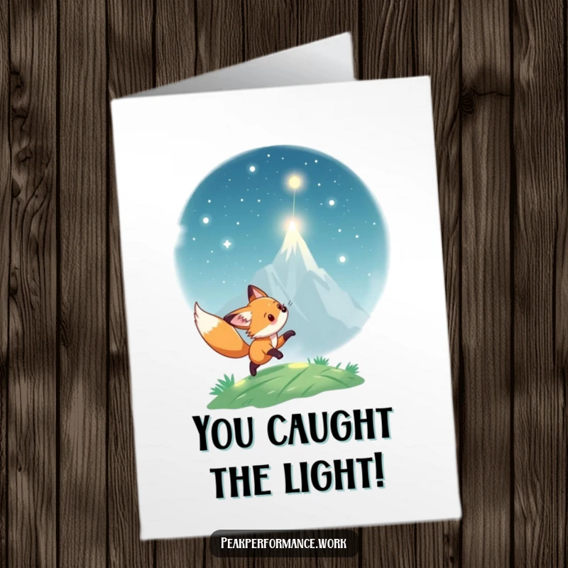 Funny Free Printable Congratulations Card: Playful fox cub pursues a shimmering light particle toward a lofty summit.