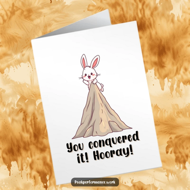 Funny Free Printable Congratulations Card: Fluffy bunny triumphantly hops over a stylized mountain summit.