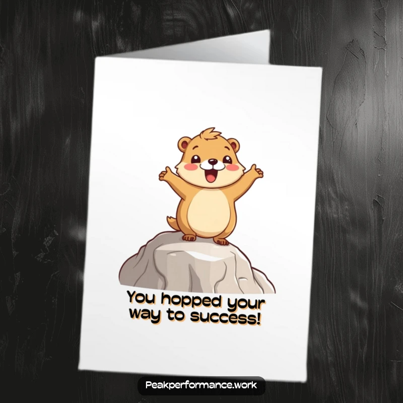 Funny Free Printable Congratulations Card: A happy cartoon marmot celebrating with a festive hop on a scenic mountain ledge.