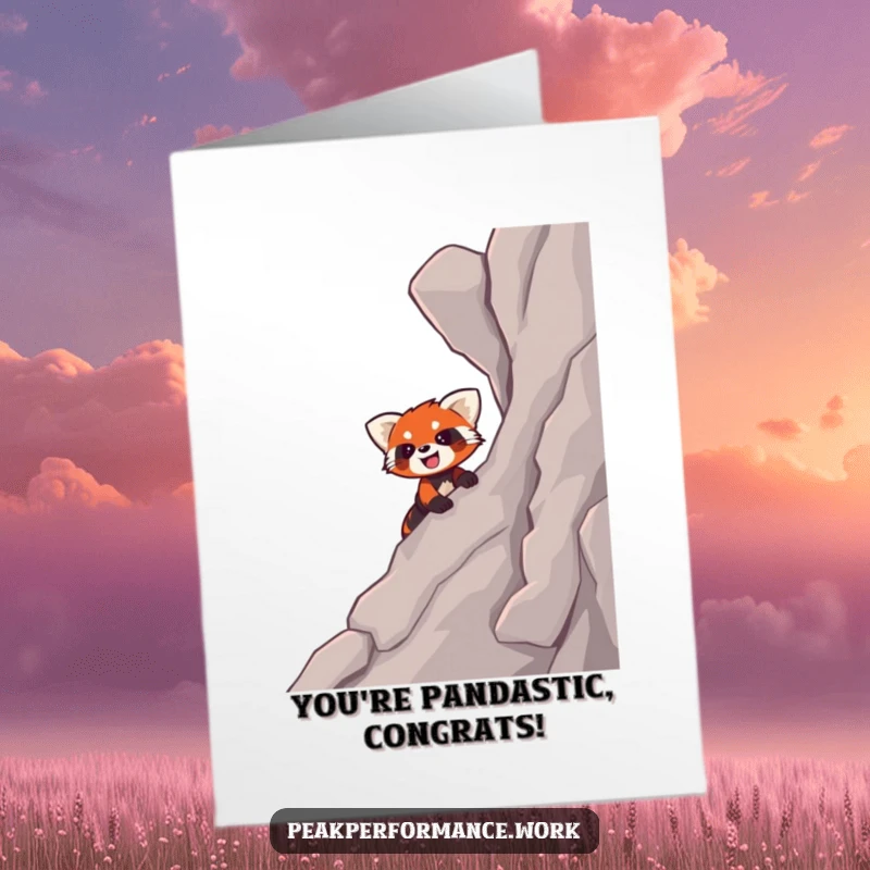 Funny Free Printable Congrats Card: Smiling cartoon red panda enthusiastically scaling a steep, rocky slope, embodying success and joy.
