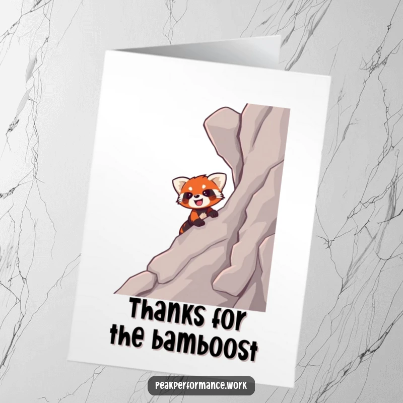 Funny Free Printable Thank You Card: Smiling cartoon red panda enthusiastically climbing a steep, rocky slope, a fun way to say thanks.