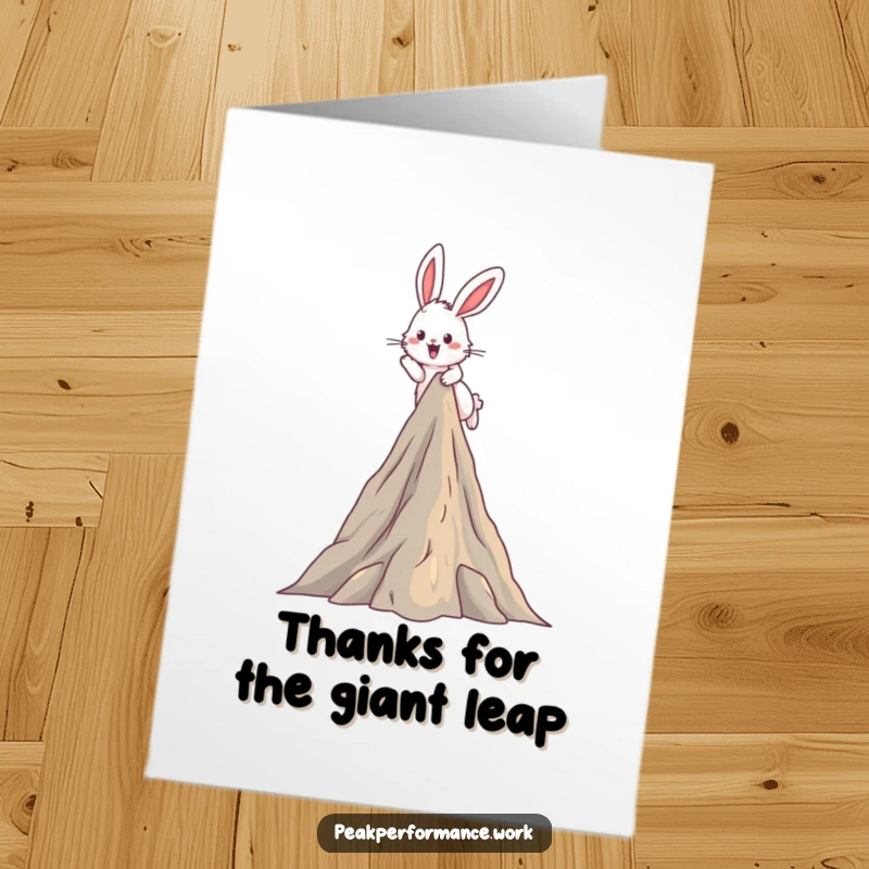 Funny Free Printable Thank You Card: Fluffy bunny happily hopping over a tall stylized mountain.
