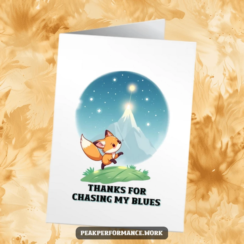 Funny Free Printable Thank You Card: Playful fox cub chasing a shimmering light particle towards a lofty peak.