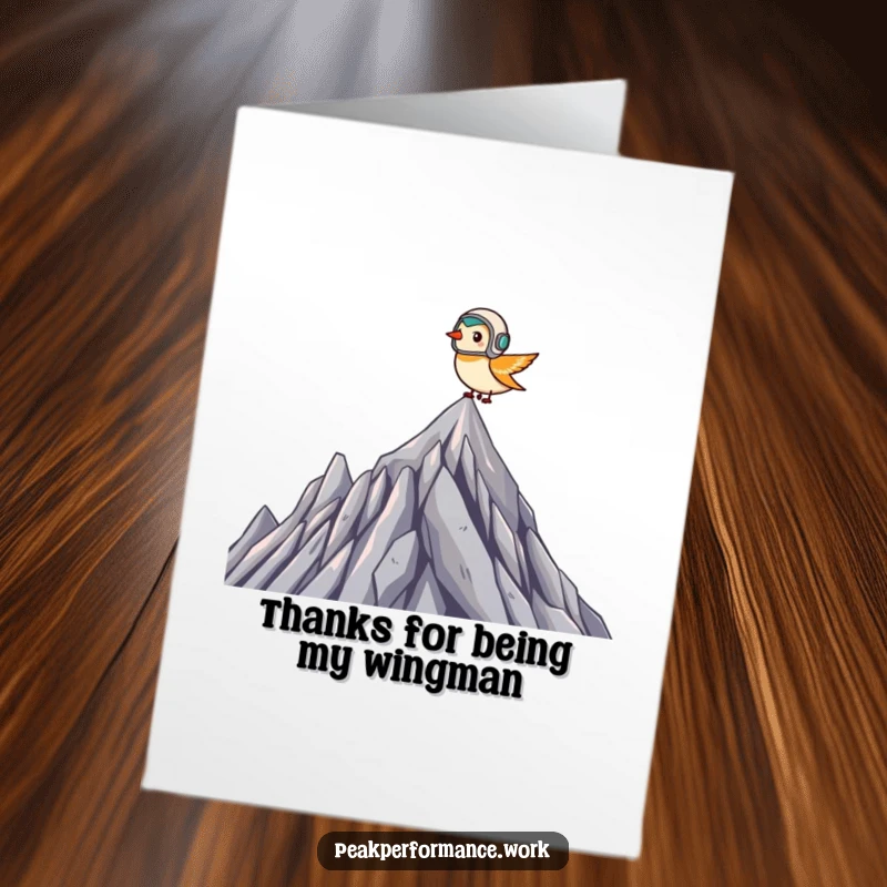 Funny Free Printable Thank You Card: Tiny bird wearing a helmet soars high above a jagged summit.