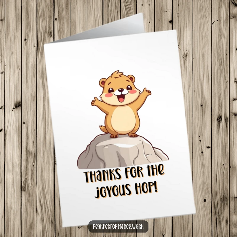 Funny Free Printable Thank You Card: A cheerful marmot doing a celebratory hop, perfect for expressing thanks with humor.