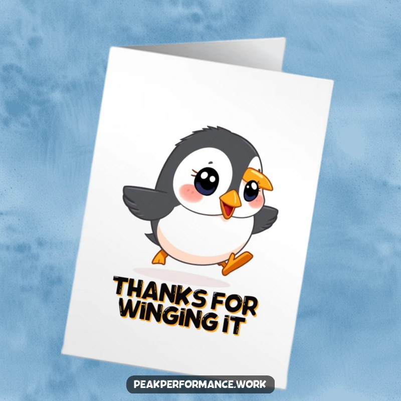Funny Free Printable Thank You Card: Determined cartoon puffin waddling uphill with bright eyes, a quirky way to express thanks.