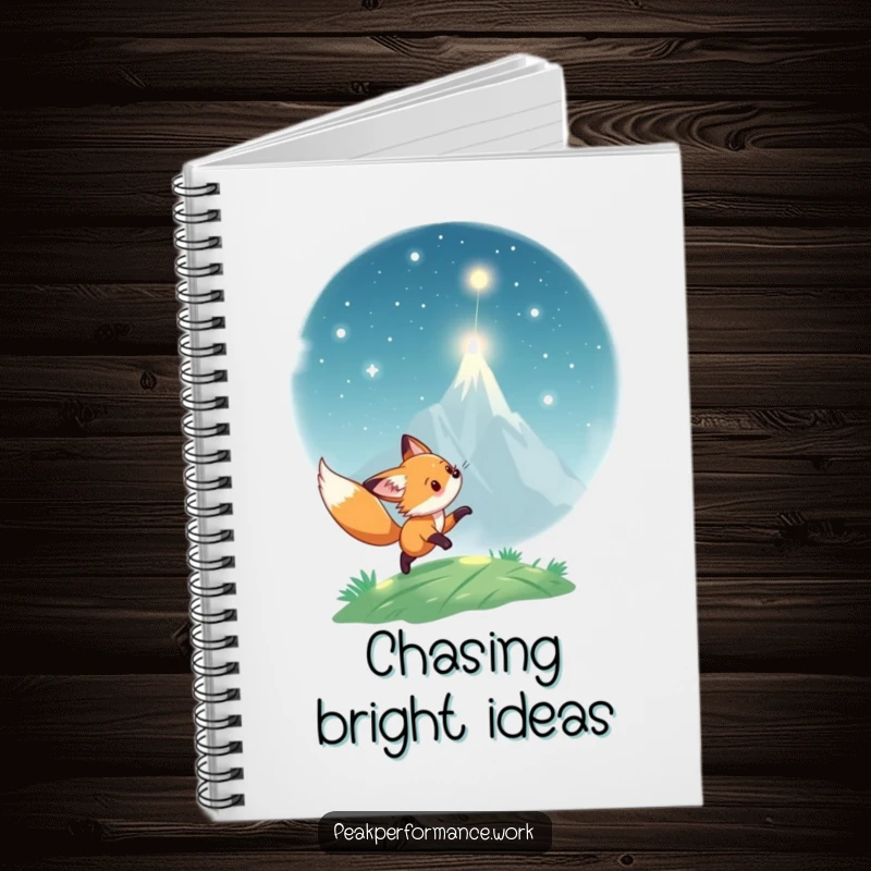 Funny Notebook: Playful fox cub chases shimmering light towards a peak, perfect for journaling adventures.