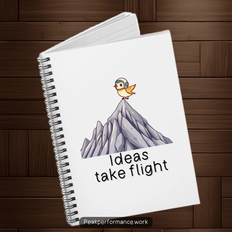 Funny Notebook: Tiny bird in helmet soars over jagged summit, perfect for journaling daring ideas.