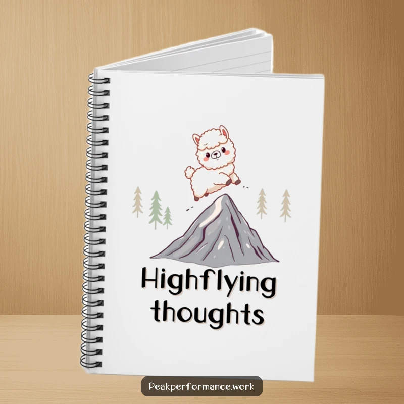 Funny notebook featuring a fluffy cartoon alpaca energetically leaping over a jagged mountain peak, perfect for adventure planning.