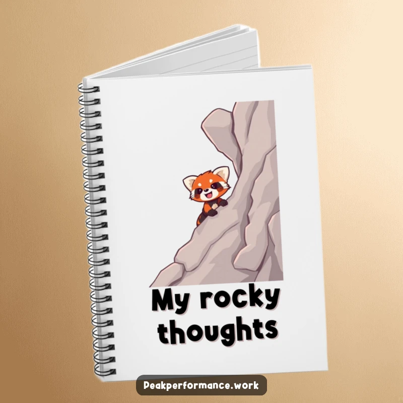 Funny notebook featuring a smiling cartoon red panda enthusiastically climbing a steep, rocky slope, perfect for planning.