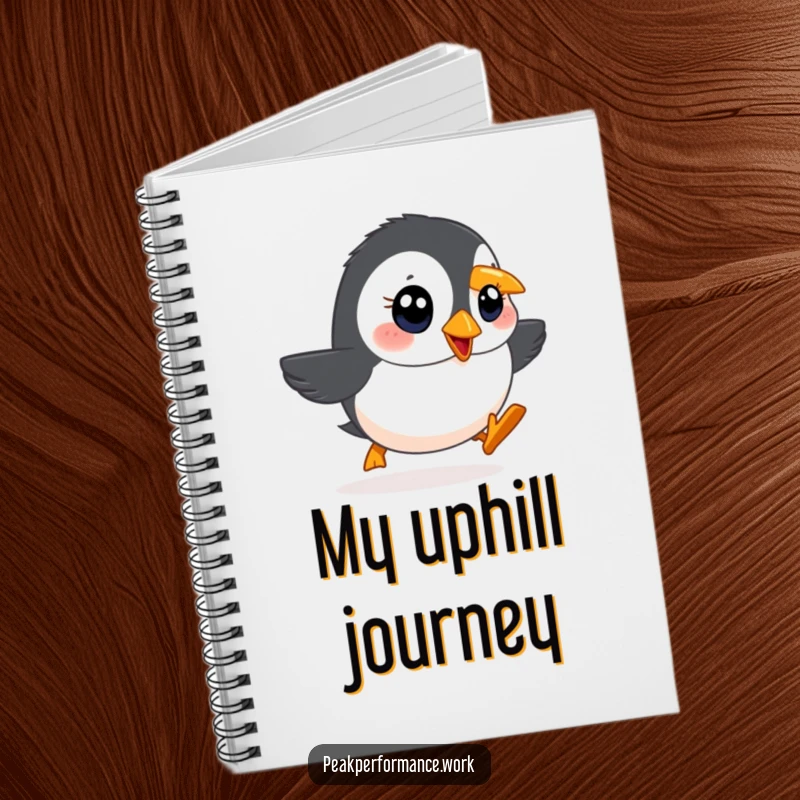Funny notebook featuring a determined cartoon puffin with bright eyes waddling rapidly uphill, perfect for planning and notes.