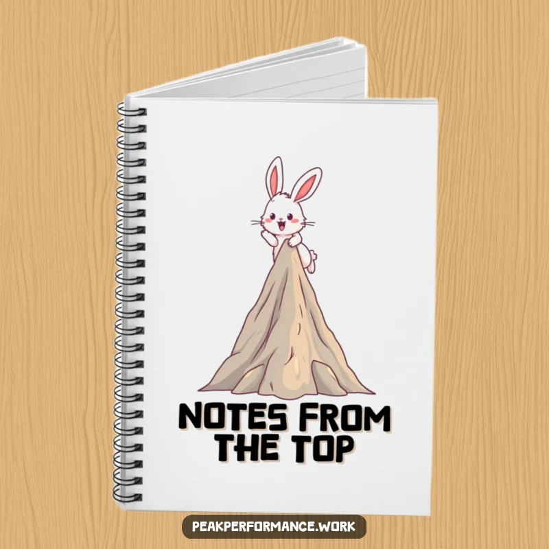 Funny Notebook: Fluffy bunny excitedly hops over a mountain peak, perfect for journaling adventures.