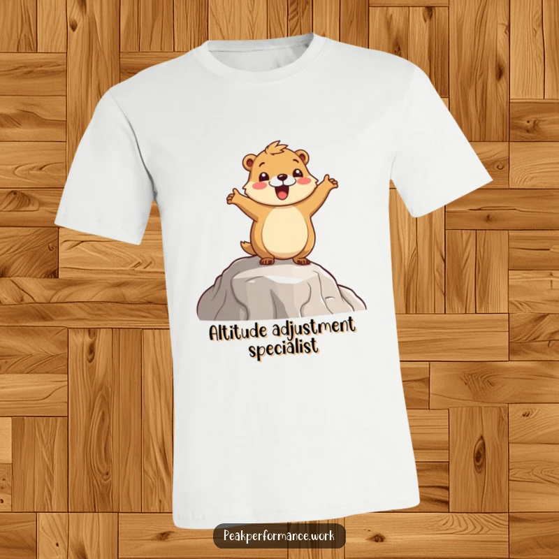 Funny Marmot T-Shirt: A cheerful cartoon marmot joyfully hopping on a mountain ledge, perfect for outdoor lovers.