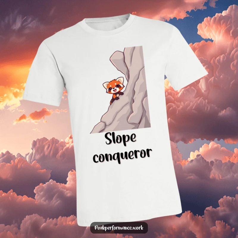 Funny t-shirt featuring a smiling cartoon red panda enthusiastically climbing a steep, rocky slope, radiating positivity.