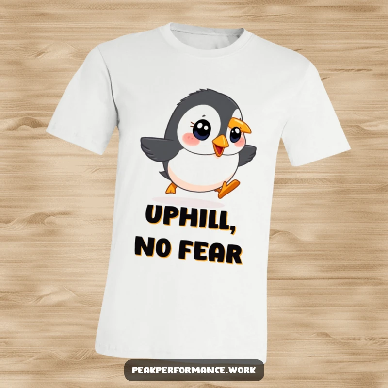 Funny t-shirt featuring a determined cartoon puffin with bright eyes waddling rapidly uphill, showcasing effort and charm.