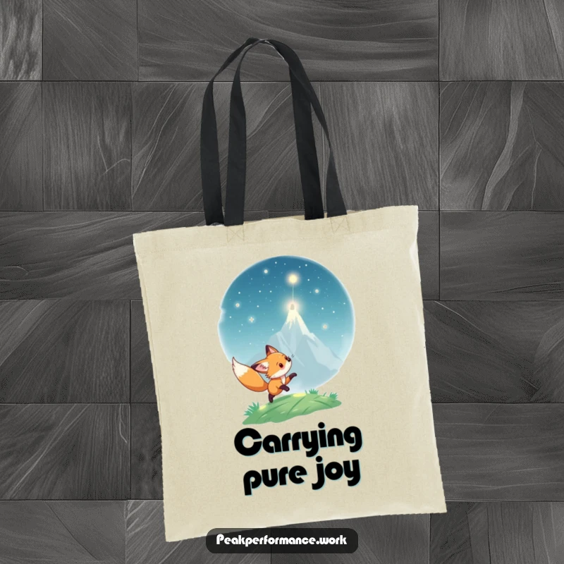 Funny Tote Bag: Playful fox cub chases a shimmering light particle towards a lofty peak, showing fun style.
