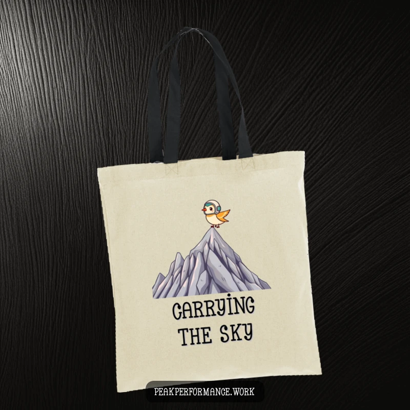 Funny Tote Bag: Tiny bird in helmet flies high above jagged summit, showcasing adventurous and humorous style.