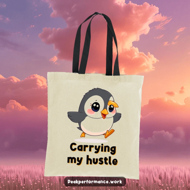 Funny tote bag showcasing a determined cartoon puffin with bright eyes waddling rapidly uphill, perfect for carrying essentials.